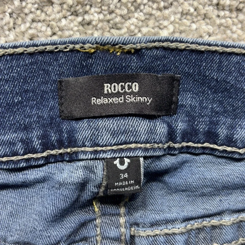 True Religion Rocco Relaxed Skinny Jeans Blue 34x32 Men's Flap Button Denim EUC‎